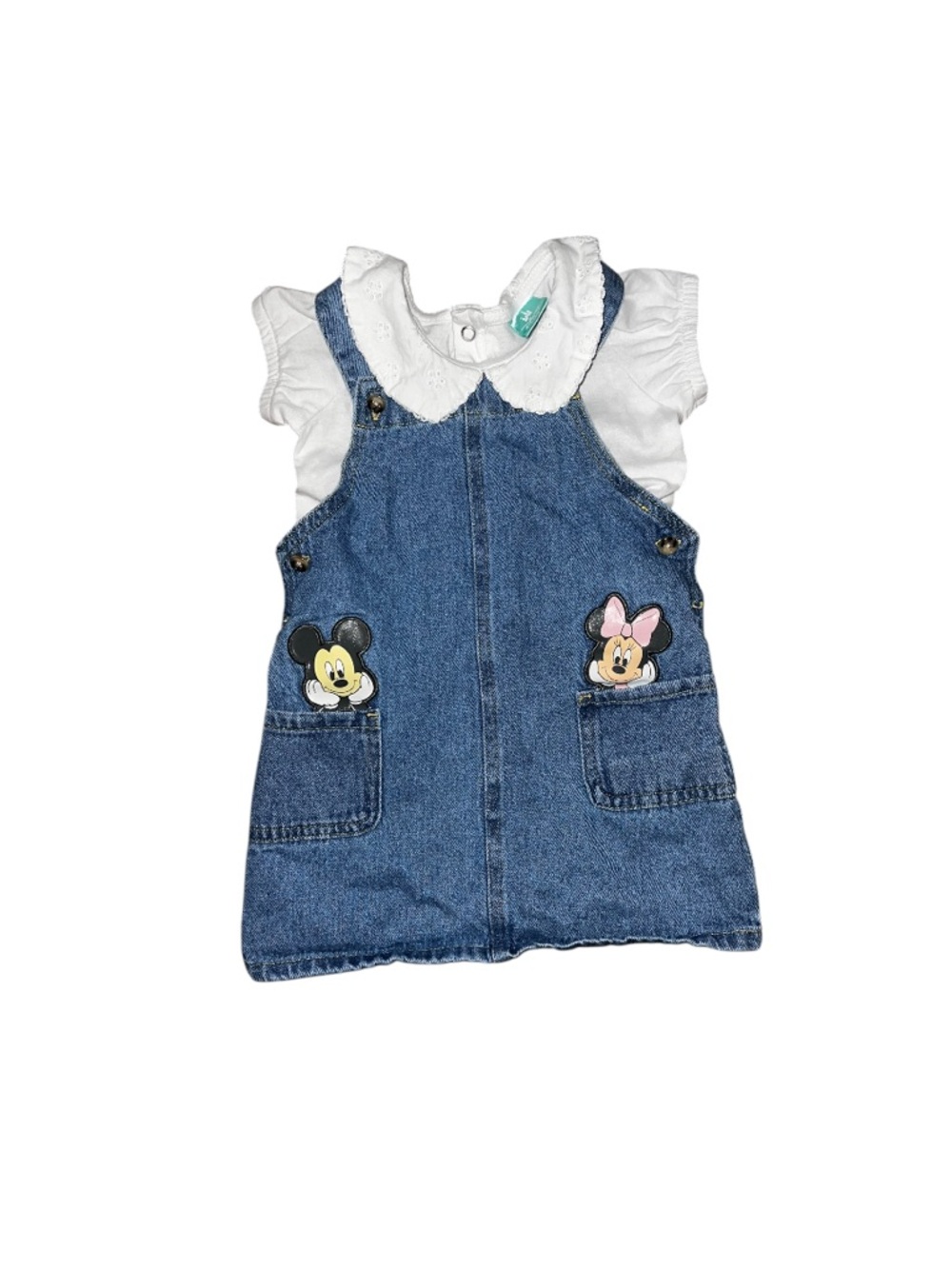 Disney Denim Dress and White Short Sleeve Shirt with Mickey Minnie Patches